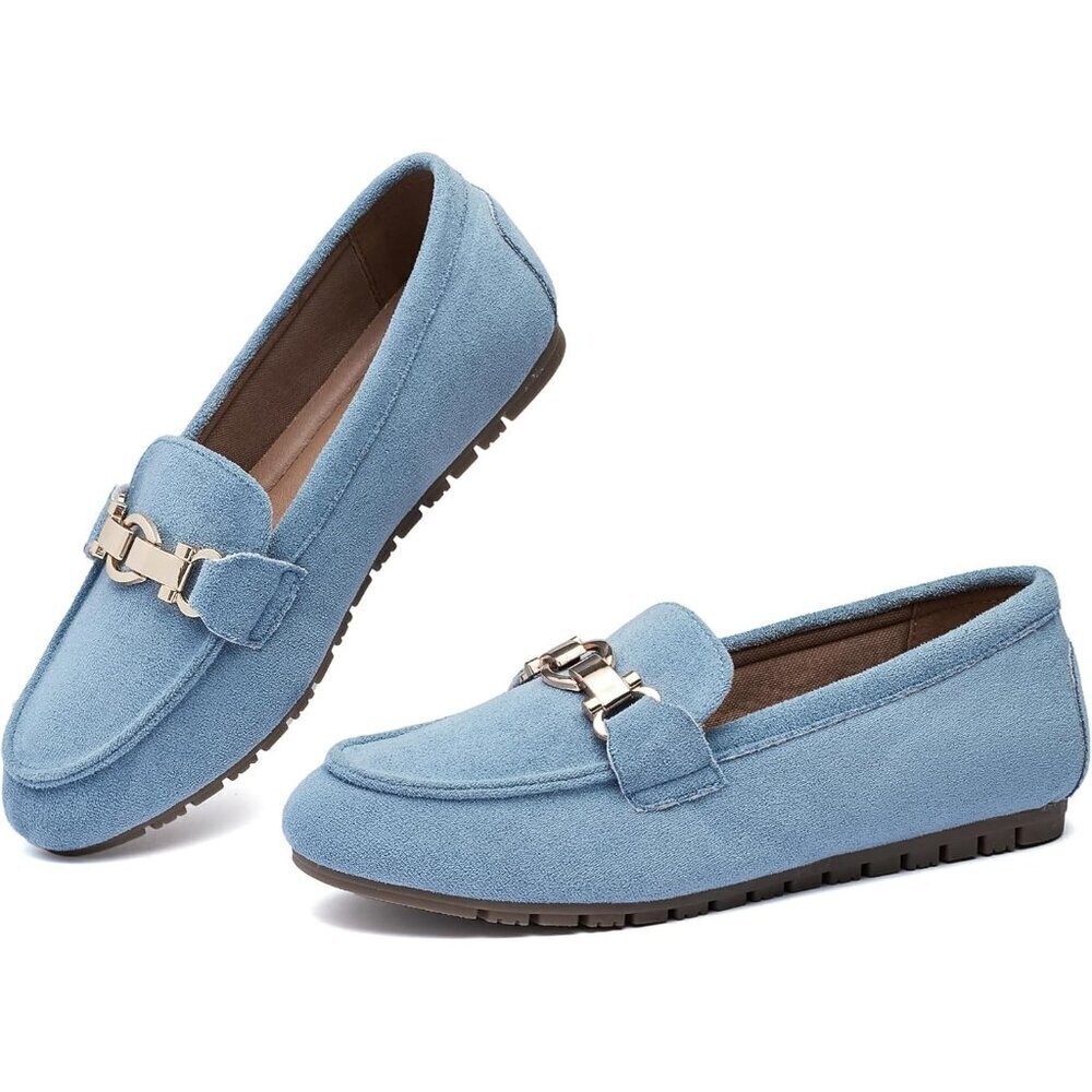 Womens Light Blue Fabric Slip On Comfort Chunky Heel Lug Sole Loafers Shoes